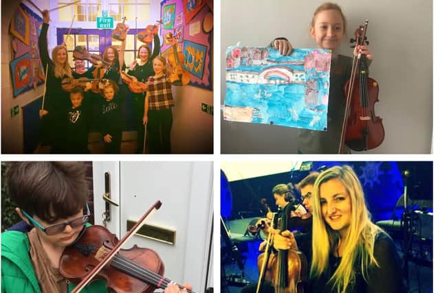 Clockwise from top left: The Strings Academy; Amelia’s entry; Caroline at the WoTW, Newcastle Arena; Caroline’s son Omar taking part in The Strings Academy’s playing-for-the-NHS-clap challenge.