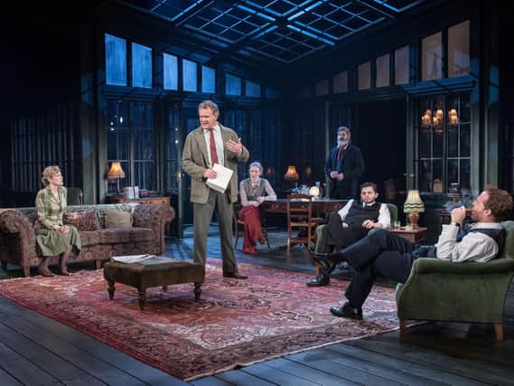 Hugh Bonneville (centre) & company in Chichester Festival Theatre's AN ENEMY OF THE PEOPLE Photo Manuel Harlan