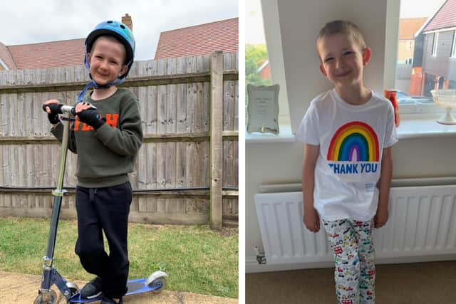 George with his scooter, and right, wearing his rainbow t-shirt.
