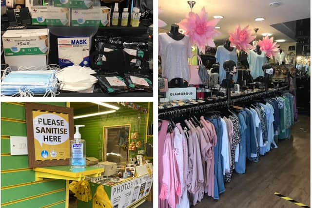 Face shields and masks at Mr Bransons; floor markings at Tracey Jane Fashion; hand sanitiser at Snappy Snaps.