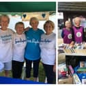Left: Hearts for Moggerhanger - Judi Hobbs, Geraldine Clark, Sheila Springell, and  Christina Boxall. Right: Charity Chums - Geraldine Clark, Judi Hobbs, Sheila Springell, and Christina Boxall.