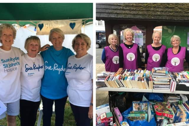 Left: Hearts for Moggerhanger - Judi Hobbs, Geraldine Clark, Sheila Springell, and  Christina Boxall. Right: Charity Chums - Geraldine Clark, Judi Hobbs, Sheila Springell, and Christina Boxall.