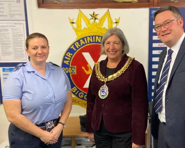 Flt Lt Amanda Wilson, mayor Cllr Madeline Russell and Cllr Jonathan Woodhead