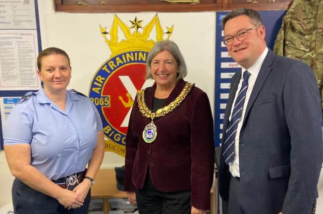 Flt Lt Amanda Wilson, mayor Cllr Madeline Russell and Cllr Jonathan Woodhead