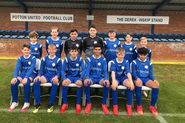 Potton United Youth Football Club  Under 13s  who have scored a £500 sponsorship for new kit from local housebuilder Dandara, who is building its Copsewood development nearby the football club on Mill Lane, Potton.