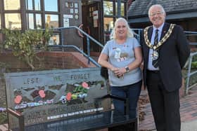 Sandy Royal British Legion Poppy Appeal organiser Cheryl Watkins and Mayor of Sandy councillor Martin Pettitt