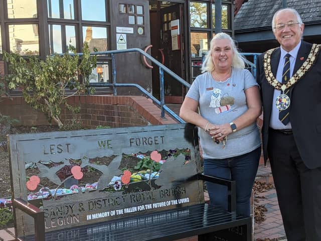Sandy Royal British Legion Poppy Appeal organiser Cheryl Watkins and Mayor of Sandy councillor Martin Pettitt