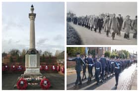 Left: Henlow war memorial and wreaths. The stones were decorated by Henlow Brownies. Top right: a parade in 1956, the year the Henlow branch was founded. Bottom right: the last parade Henlow Royal British Legion was able to hold before the pandemic. The ATC are in the lead for the parade from the War Memorial to the Church. Photos: Henlow Royal British Legion.