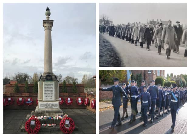 Left: Henlow war memorial and wreaths. The stones were decorated by Henlow Brownies. Top right: a parade in 1956, the year the Henlow branch was founded. Bottom right: the last parade Henlow Royal British Legion was able to hold before the pandemic. The ATC are in the lead for the parade from the War Memorial to the Church. Photos: Henlow Royal British Legion.