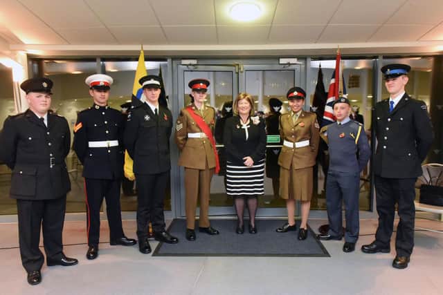 Left to Right: Keown Seldon, Benjamin Cornforth, Matthew Brewer, HM Lord-Lieutenant of Bedfordshire Helen Nellis, Chloe Bezer, Toby Shortman and Lukas Wescott. PIC: June Essex Photography