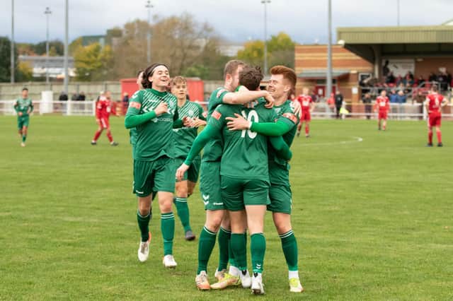 Biggleswade FC celebrate during their 4-0 victory at Didcot. Photo: RHSportsPhotos
