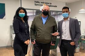L to R:Kam Chana - store director, customer Andrew Christie from Southill and Alpesh Mistry-  store director.