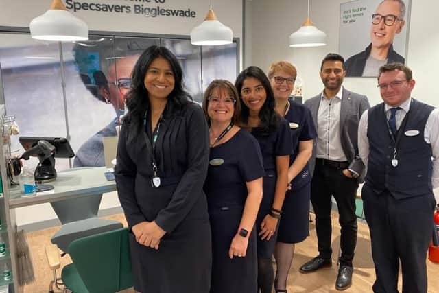 The team at the new Specsavers - L to R: Kam Chana - store director, Tracy Rook - store manager, Nisha Shah - senior optometrist, Lesley Flack - optical assistant, Alpesh Mistry - store director  and Kieran Ward - Student Dispensing optician