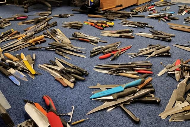 Police recovered almost 600 blades from the two bins