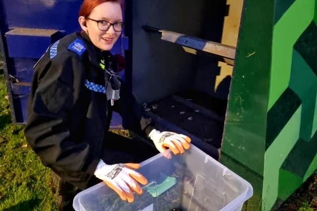 PCSO Stephanie Lee emptying one of the Shefford amnesty bins