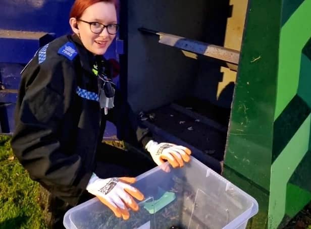 PCSO Stephanie Lee emptying one of the Shefford amnesty bins