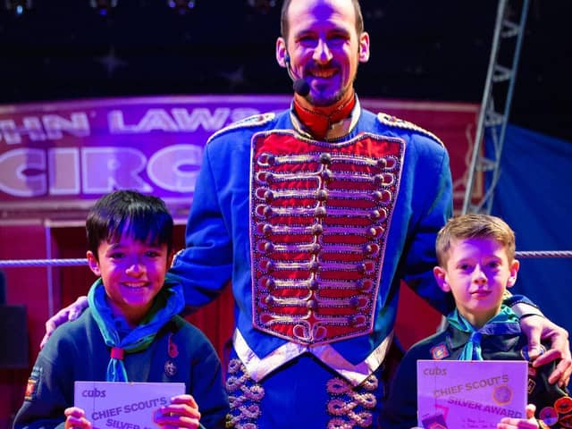 Noah and Benji from Biggleswade, pictured with Ringmaster Attila, received the prestigious Silver Chief Scout Award