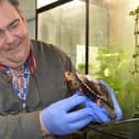 A Red Necked Turtle with the college's ZEC Curator Carl Groombridge