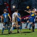 Action from Biggleswade FC’s 1-1 draw with Bedford Town on Monday. Picture courtesy of www.bedfordeagles.net