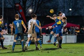 Action from Biggleswade FC’s 1-1 draw with Bedford Town on Monday. Picture courtesy of www.bedfordeagles.net