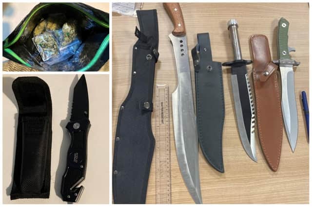 The seized weapons and suspected drugs