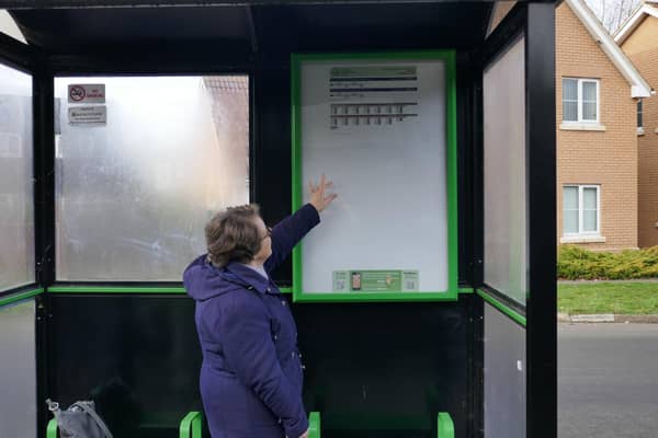 A bus passenger peering at the timetable above her head. Credit: Alan Bailey