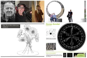 Top left: Artists Tim Ward, Kelly Douglas and Wendy Briggs and, clockwise from top right: The designs for the steel ring sculpture with seating, human sundial and steel circular gardens.