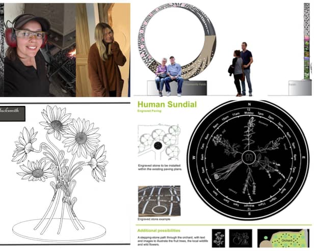 Top left: Artists Tim Ward, Kelly Douglas and Wendy Briggs and, clockwise from top right: The designs for the steel ring sculpture with seating, human sundial and steel circular gardens.