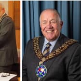 Left - 2019: Former Mayor Cllr Michael Scott presents the Young Person's Award to Thomas Forshaw. Right - Current Mayor Cllr Martin Pettitt. 
Photos: Sandy Town Council.