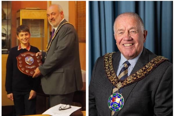 Left - 2019: Former Mayor Cllr Michael Scott presents the Young Person's Award to Thomas Forshaw. Right - Current Mayor Cllr Martin Pettitt. 
Photos: Sandy Town Council.