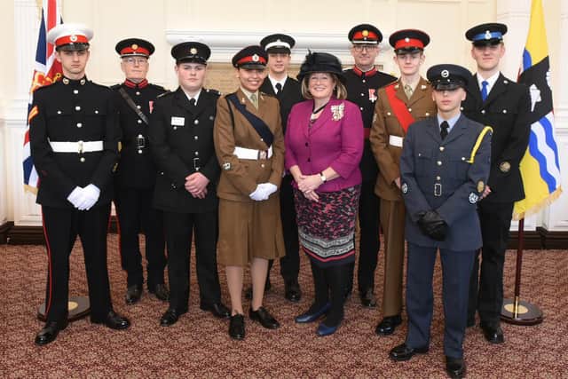 The Lord-Lieutenant of Bedfordshire with Vice Lord-Lieutenant Chris Sharwood-Smith MBE, Andrew Wallis MBE DL and Lord-Lieutenant Cadets