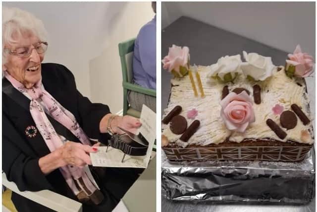 Vera opens a piano-themed card, and right, her birthday cake.
