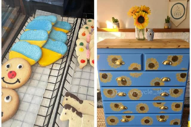 Special blue and yellow biscuits at Gunns Bakery, and right, the chest of drawers you could win in The Upcycle Shed's raffle. Photos: Cllr Fage and Ellie Mangold.