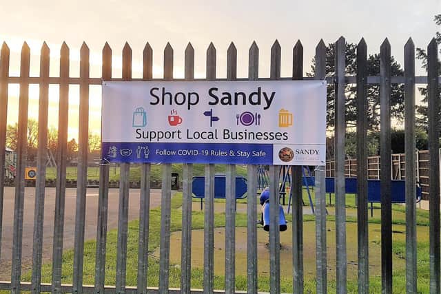 One of the shop Sandy banners which the council has put up around the town. Photo: Sandy Town Council.