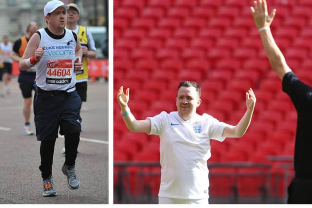 Luke believes that exercise can really benefit your mental health. He is pictured running the London Marathon for Ovacome, an ovarian cancer charity (left) and at Wembley Stadium after a competition win.