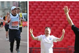 Luke believes that exercise can really benefit your mental health. He is pictured running the London Marathon for Ovacome, an ovarian cancer charity (left) and at Wembley Stadium after a competition win.