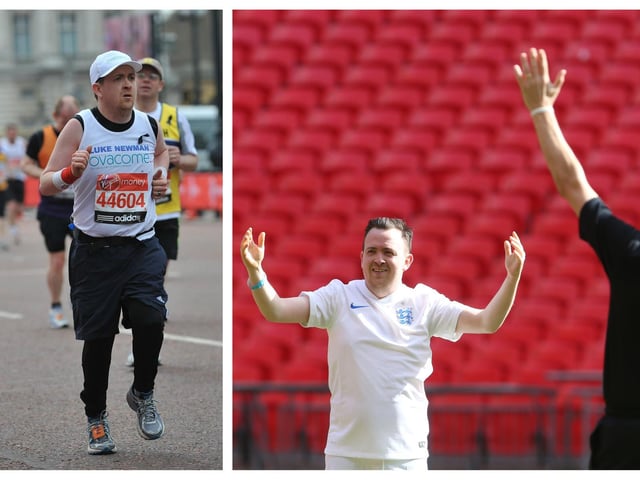 Luke believes that exercise can really benefit your mental health. He is pictured running the London Marathon for Ovacome, an ovarian cancer charity (left) and at Wembley Stadium after a competition win.