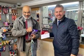 Postmaster Dilip Karavadra with Paul Mead, Post Office Area Manager