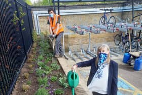 Groundwork East’s Matt Sutcliffe and Sandy Station Manager Fiona Blackwell prepare for World Bee Day