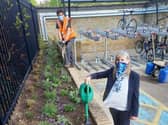Groundwork East’s Matt Sutcliffe and Sandy Station Manager Fiona Blackwell prepare for World Bee Day