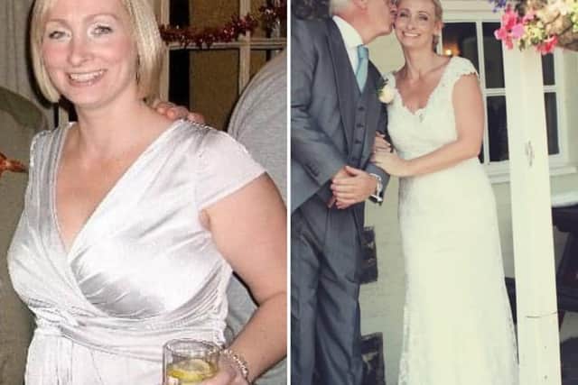 Amber before; and on her wedding day with her father, Ash.
