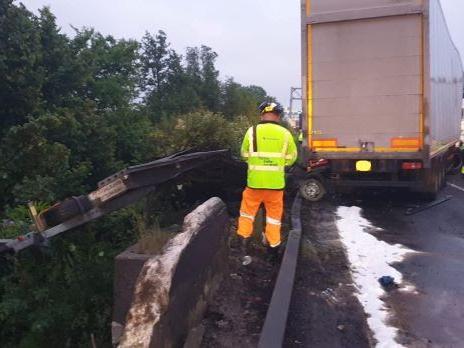 The damaged parapet of the bridge on the M1 today