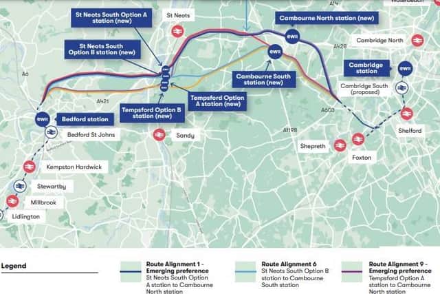 Routes being considered by EWC including new stations: Tempsford station Option A; Tempsford Station option B; St Neots Stations Option A; St Neots Station Option B.