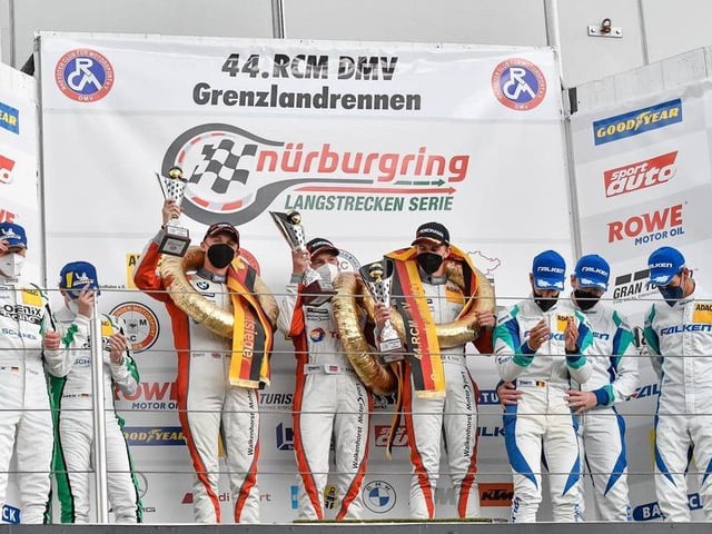Ben Tuck and team-mates Christian Krognes and David Pittard celebrate their win