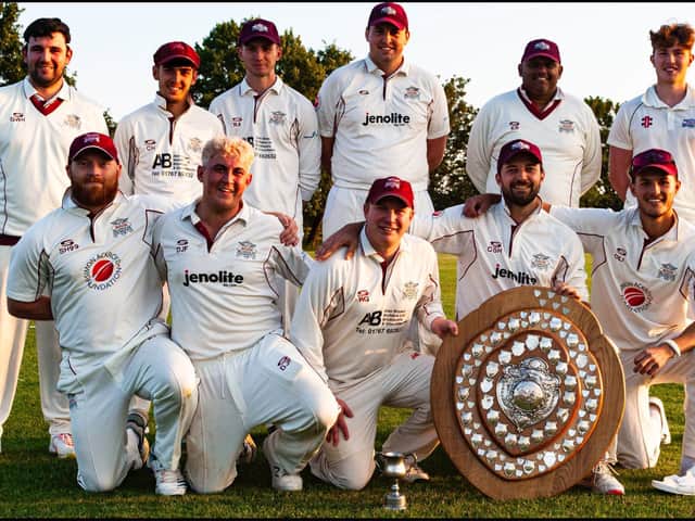 The Blunham players pose for the camera after their recent success in the final of the East Beds Shield