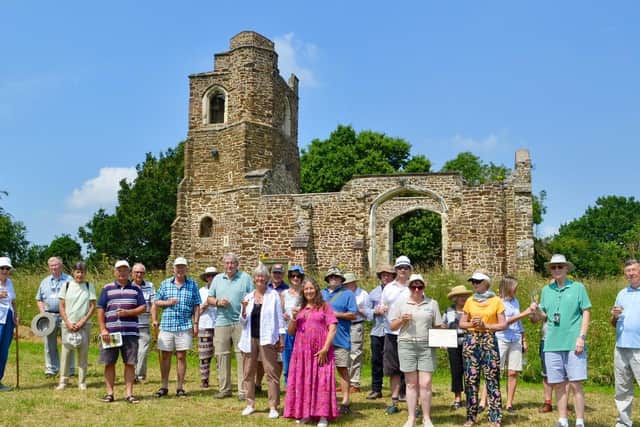 Constructed of greensand rock, old St Marys church in Clophill makes an appropriate background for Beds Geology group to toast the success of their Greensand Geotrails leaflets.