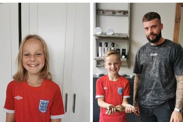 William before his visit to the hairdressers, and after, with barber, Calum.