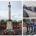 Left: Henlow war memorial and wreaths. The stones were decorated by Henlow Brownies. Top right: a parade in 1956, the year the Henlow branch was founded. Bottom left: the last parade Henlow Royal British Legion was able to hold before the pandemic. The ATC are in the lead for the parade from the War Memorial to the Church. Photos: Henlow Royal British Legion.