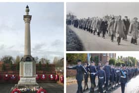 Left: Henlow war memorial and wreaths. The stones were decorated by Henlow Brownies. Top right: a parade in 1956, the year the Henlow branch was founded. Bottom left: the last parade Henlow Royal British Legion was able to hold before the pandemic. The ATC are in the lead for the parade from the War Memorial to the Church. Photos: Henlow Royal British Legion.