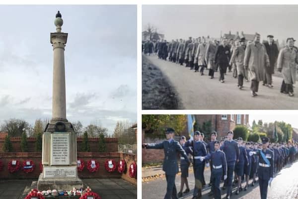 Left: Henlow war memorial and wreaths. The stones were decorated by Henlow Brownies. Top right: a parade in 1956, the year the Henlow branch was founded. Bottom left: the last parade Henlow Royal British Legion was able to hold before the pandemic. The ATC are in the lead for the parade from the War Memorial to the Church. Photos: Henlow Royal British Legion.